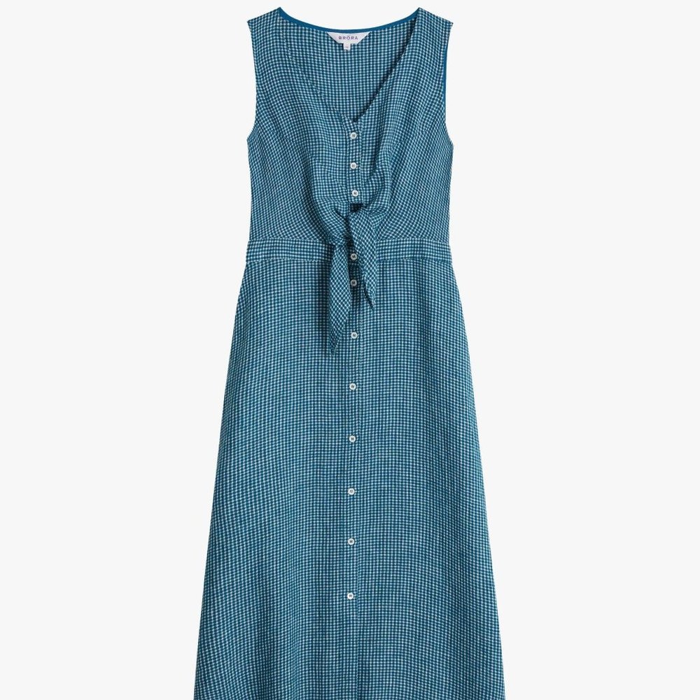 ISO Brora Check Tie Linen Dress in Kingfisher